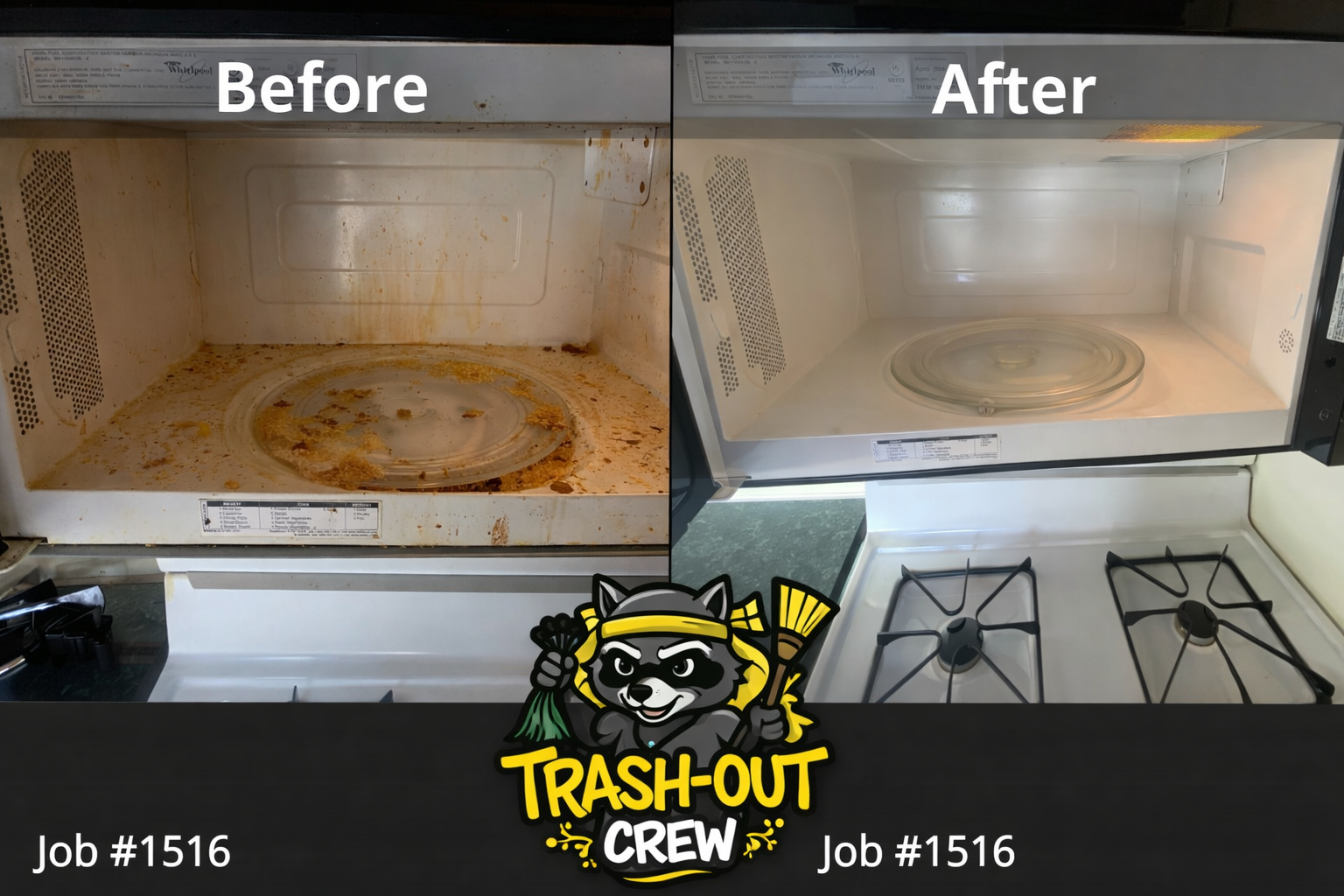 Comparison of a dirty microwave (before) and a clean microwave (after), with stove in the frame.