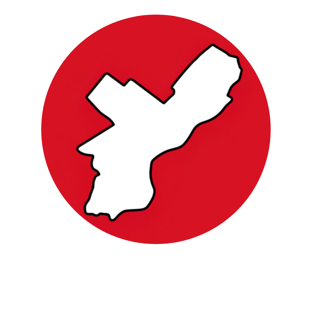 A white map of pennsylvania is in a red circle.