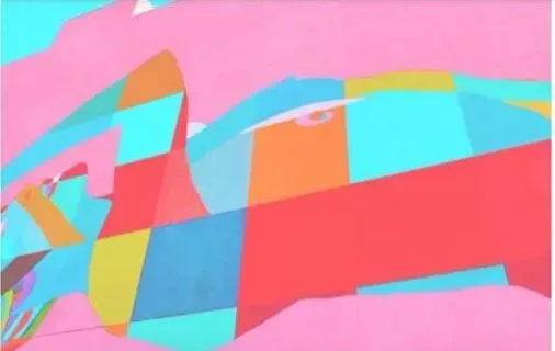 Uma pintura colorida de um tubarão em um fundo rosa