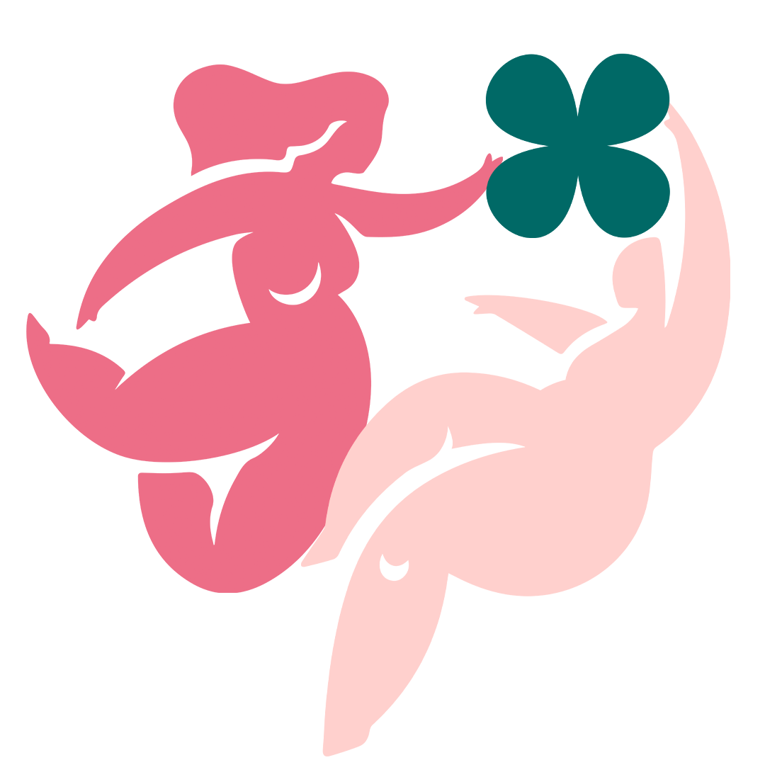 Uma silhueta rosa de uma mulher segurando uma flor verde.