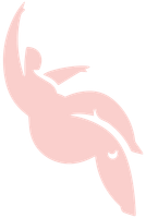 Uma silhueta rosa de uma mulher flutuando no ar sobre um fundo branco.