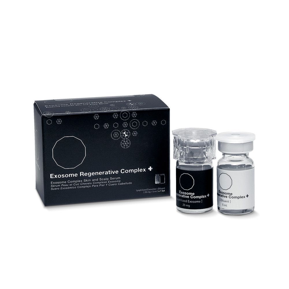 two bottles of exosome regenerative complex next to a box at ERA Wellness Spa