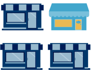 A set of four blue shops with a yellow door