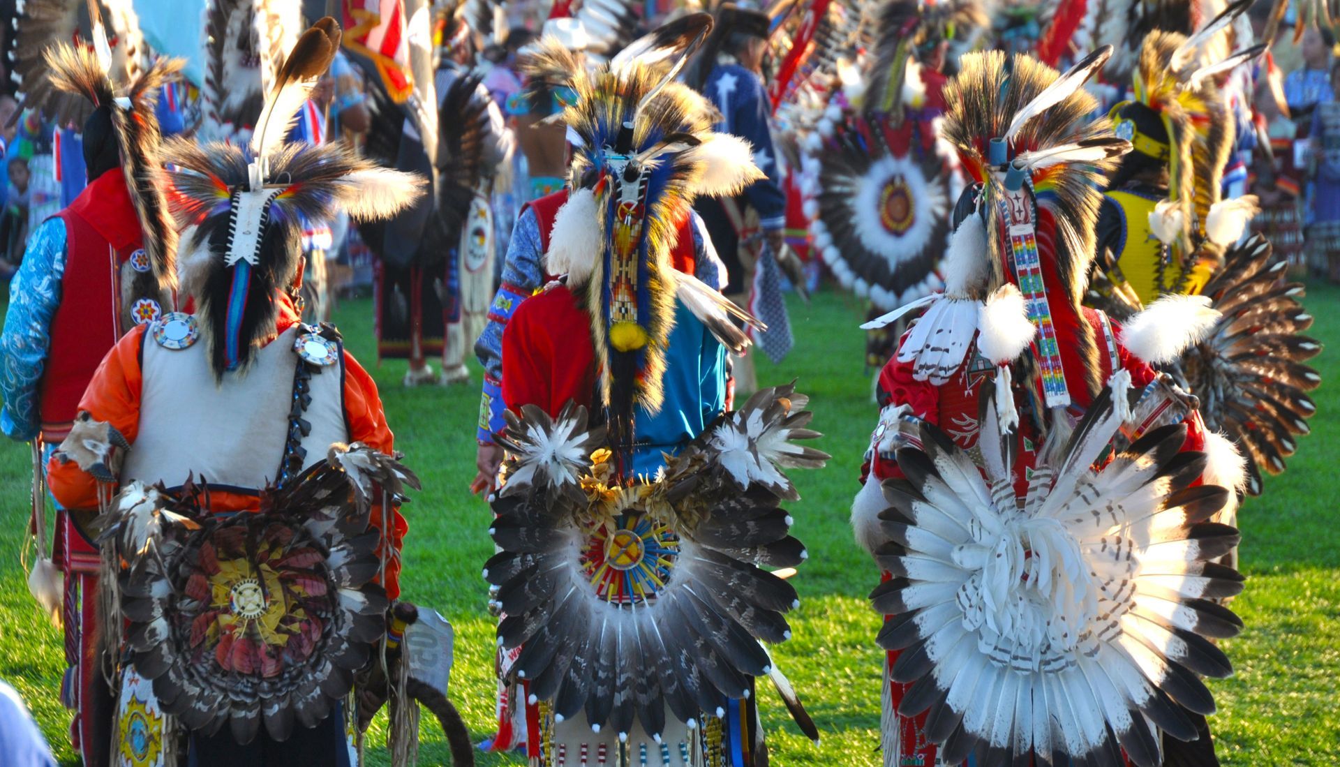 A group of people in native american costumes are dancing in a field.