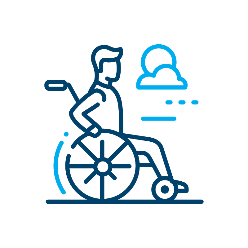 A line drawing of a man in a wheelchair.