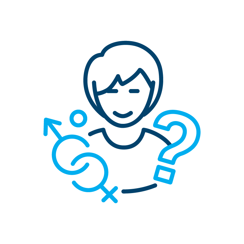A line drawing of a woman with a question mark and a male and female symbol.