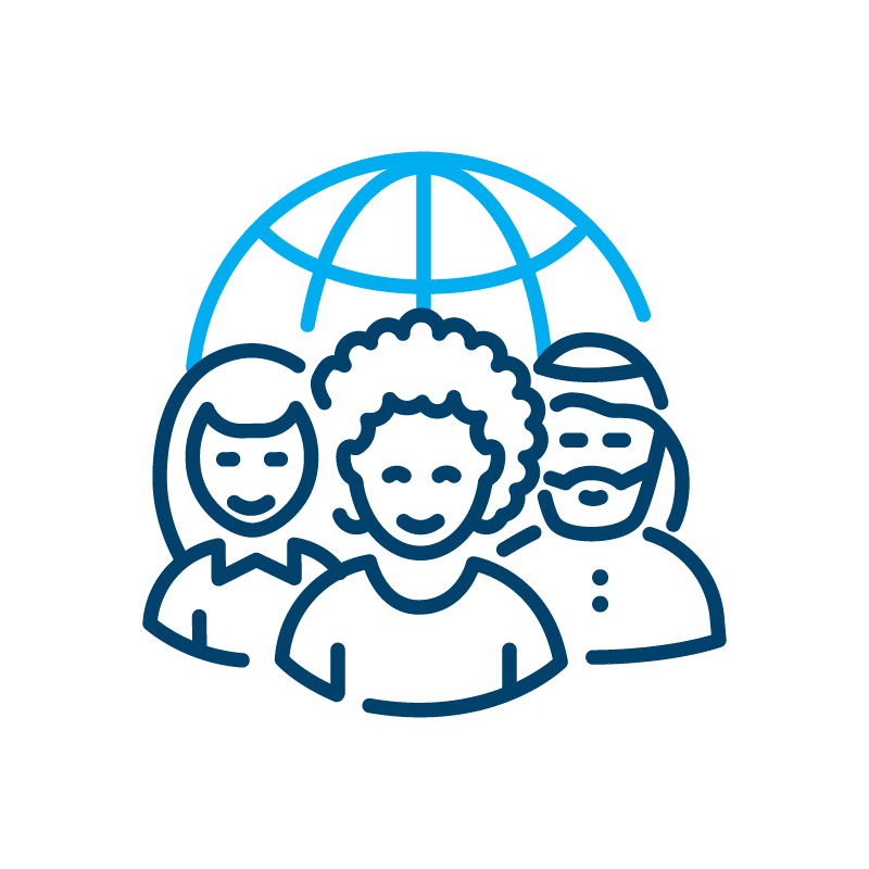 A group of people are standing in front of a globe.