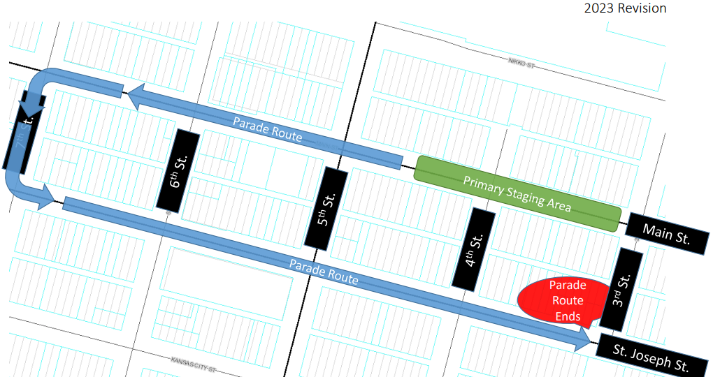 A map of the Rapid City standard parade route with staging area