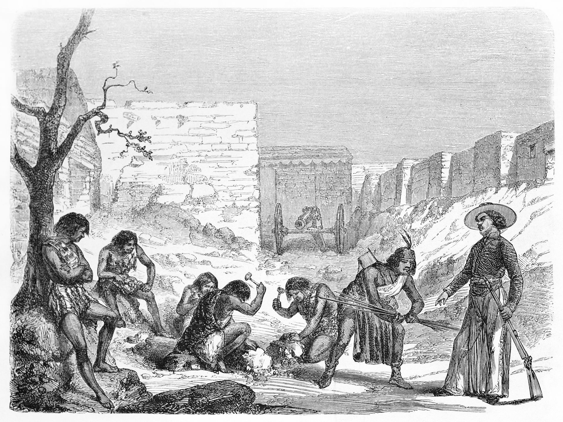 A black and white drawing of a group of people in a field.