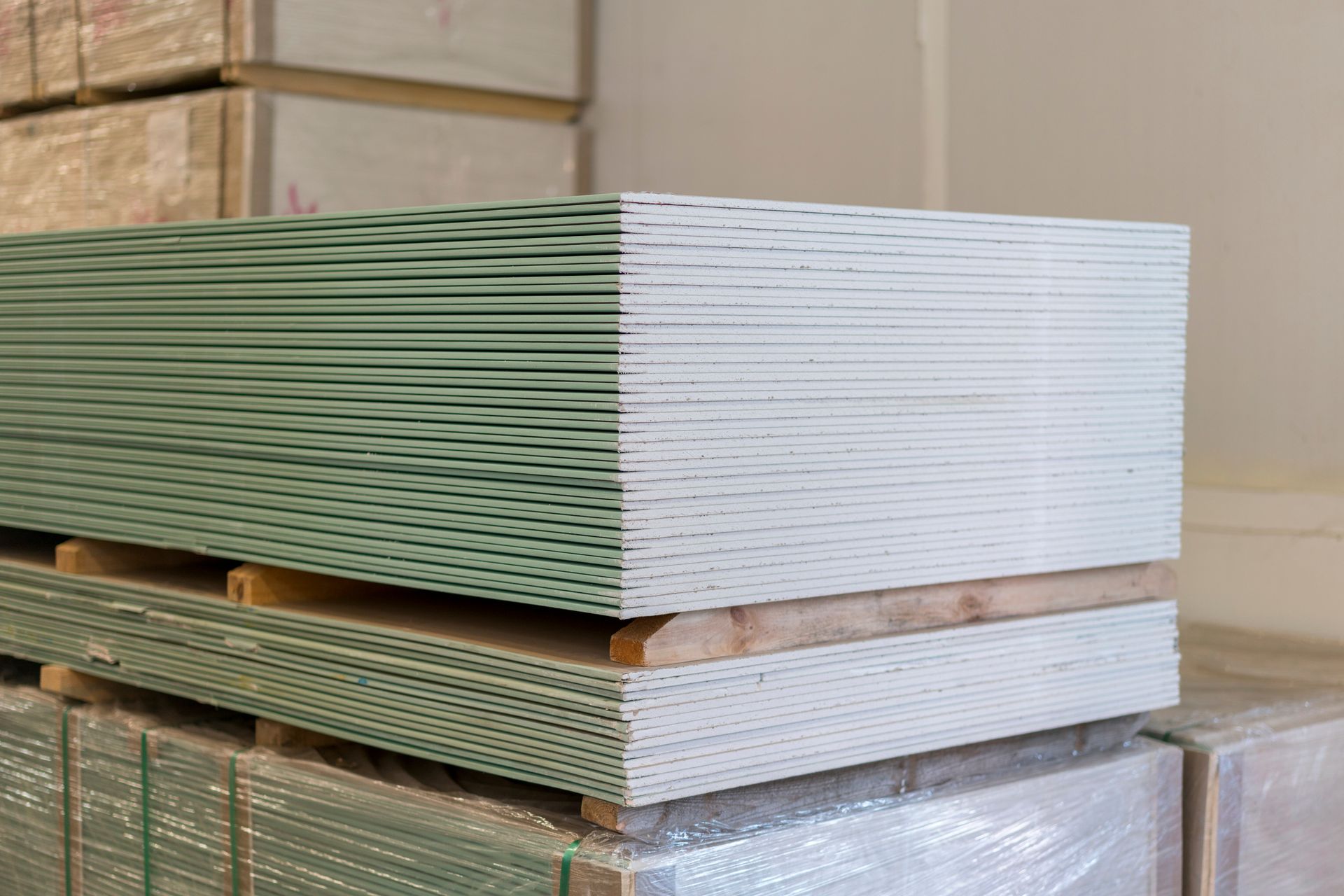 A pallet of plasterboard. A pallet of plasterboard.