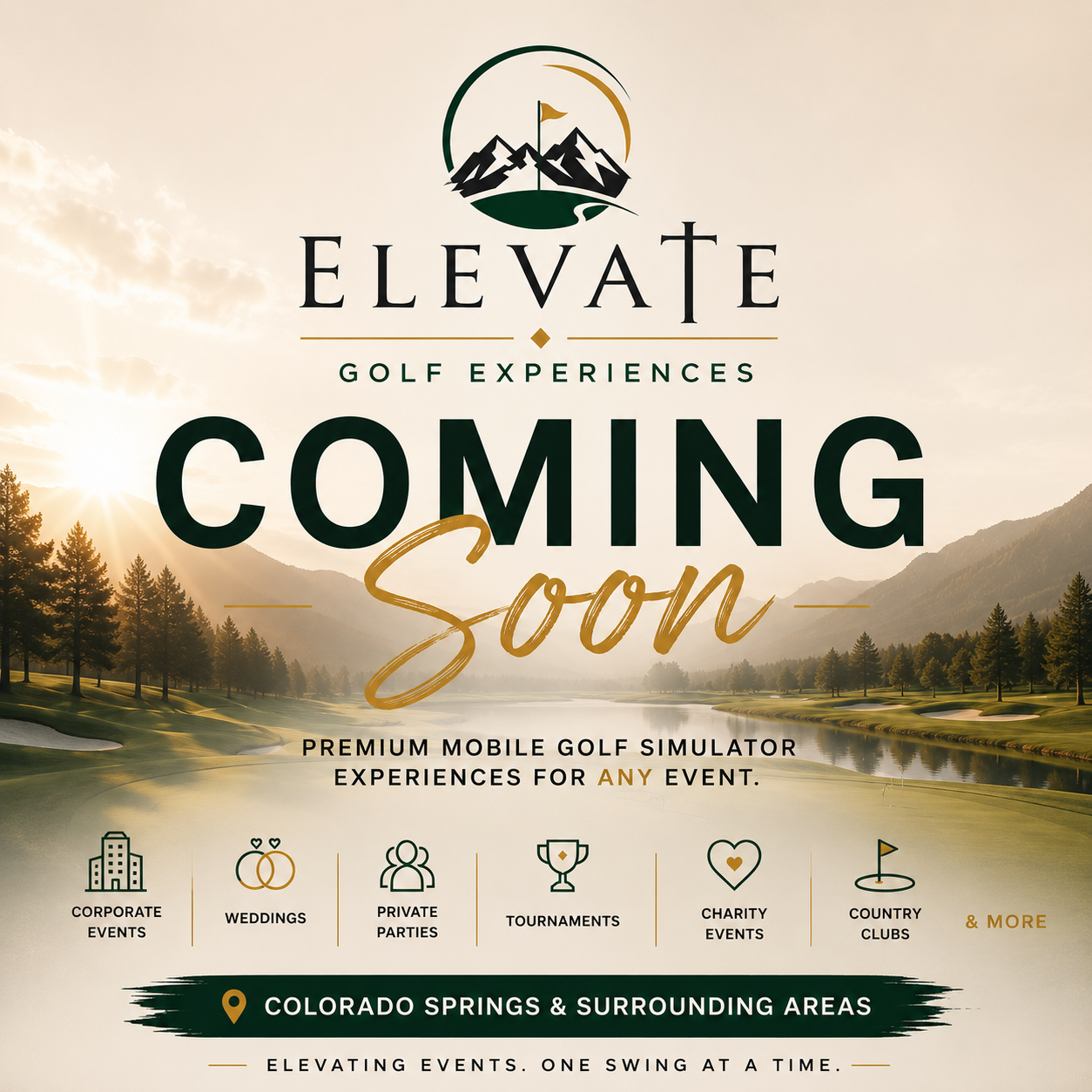 Elevate Golf Experiences “Coming Soon” flyer with mountain golf course background in warm gold tones