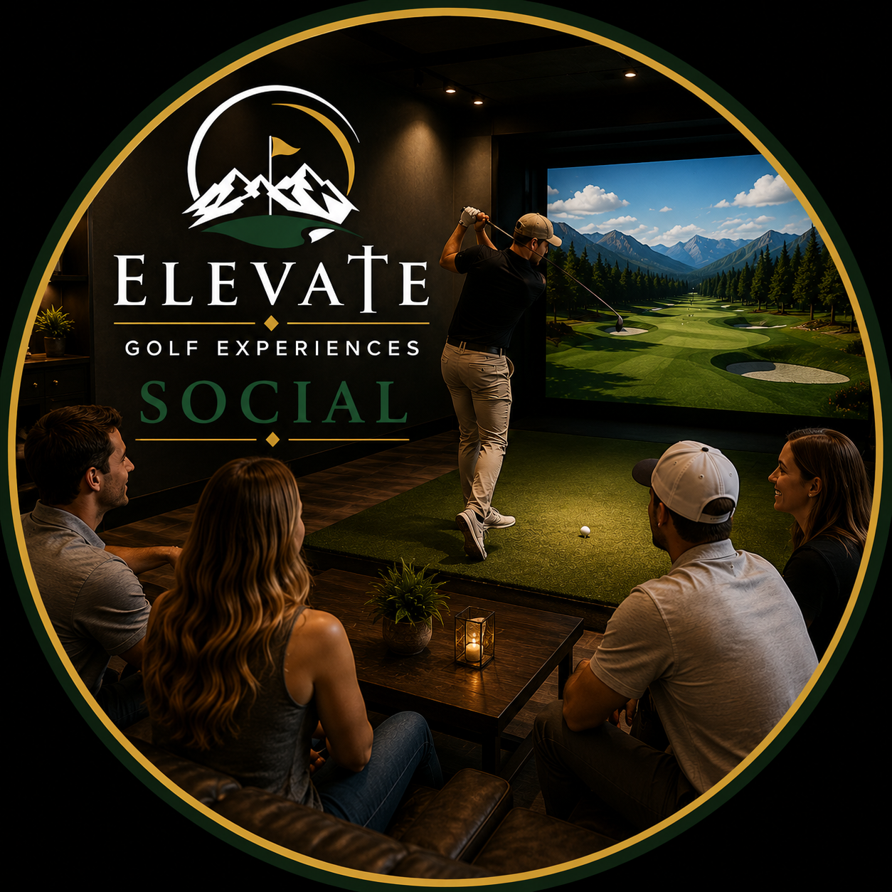 Golf simulator social event with players watching a golfer swing on an illuminated indoor screen.
