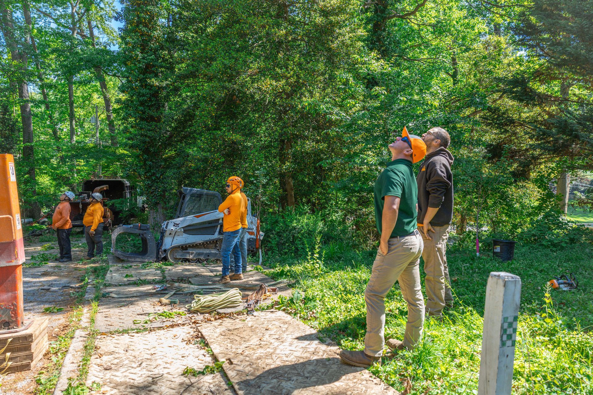 Workers in orange and green safety gear stand by a damaged roadside barrier in a wooded area.