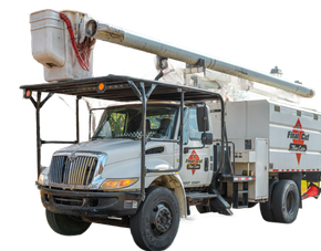 White bucket truck with extended boom, for utility work.