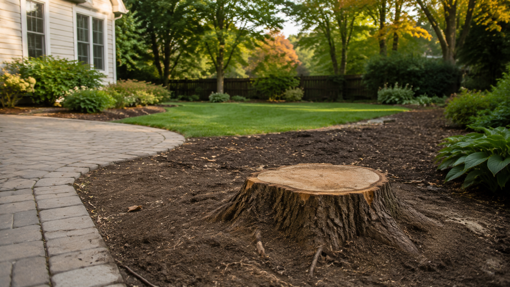 Landscaped yard with a large tree stump beside a curved stone walkway and garden beds.