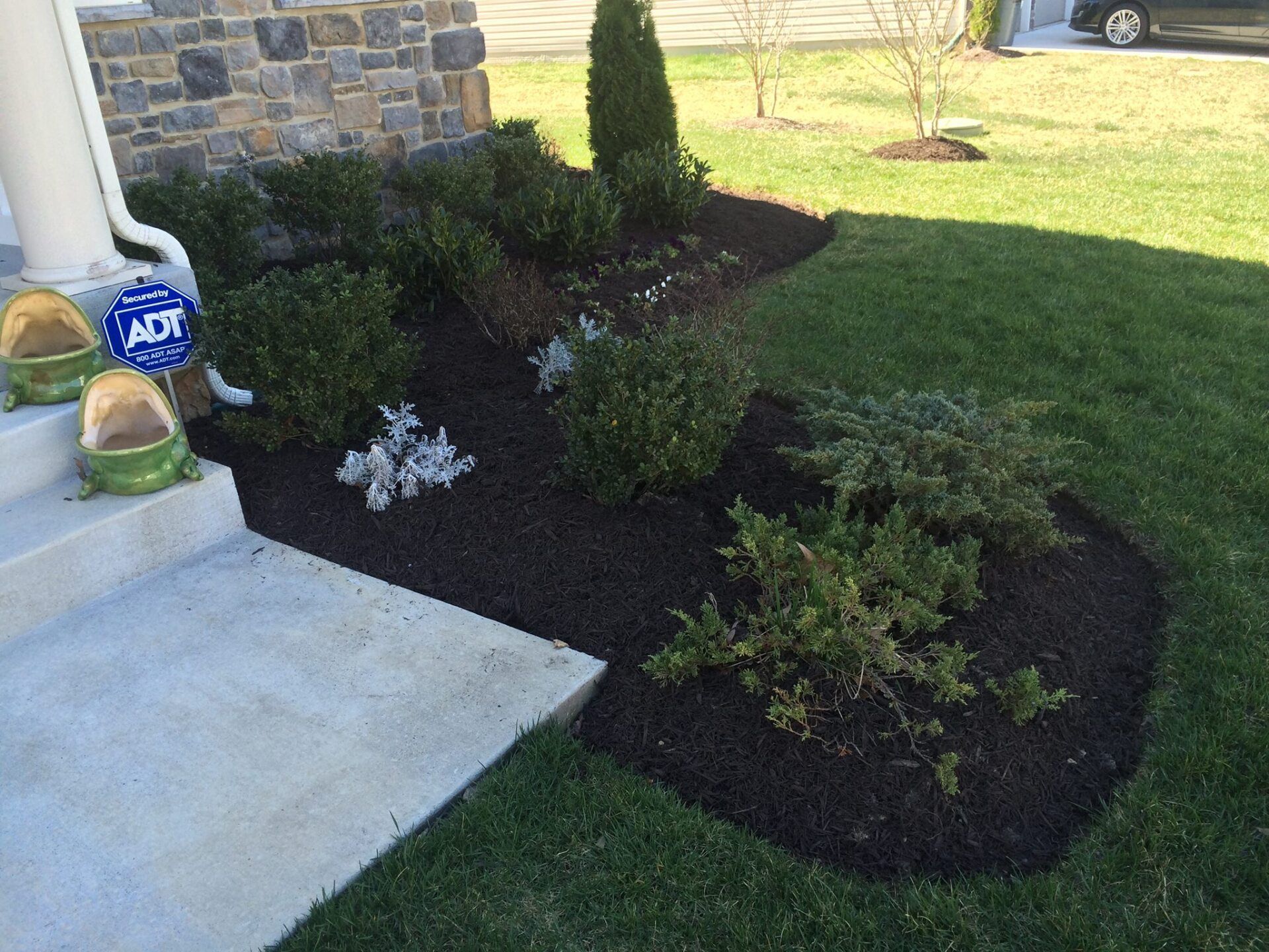 A landscaped garden bed with dark mulch and various green shrubs next to a lawn and home entrance.