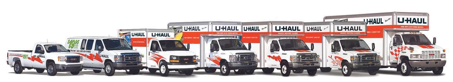 a row of trucks are lined up in a row on a white background .