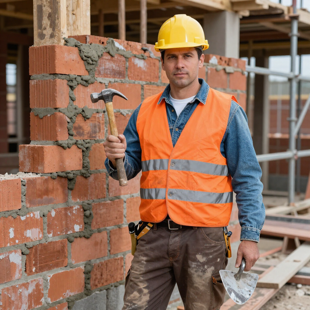 “Brick mason standing beside a partially built wall with a hammer during a masonry contractor project in High Point, NC”