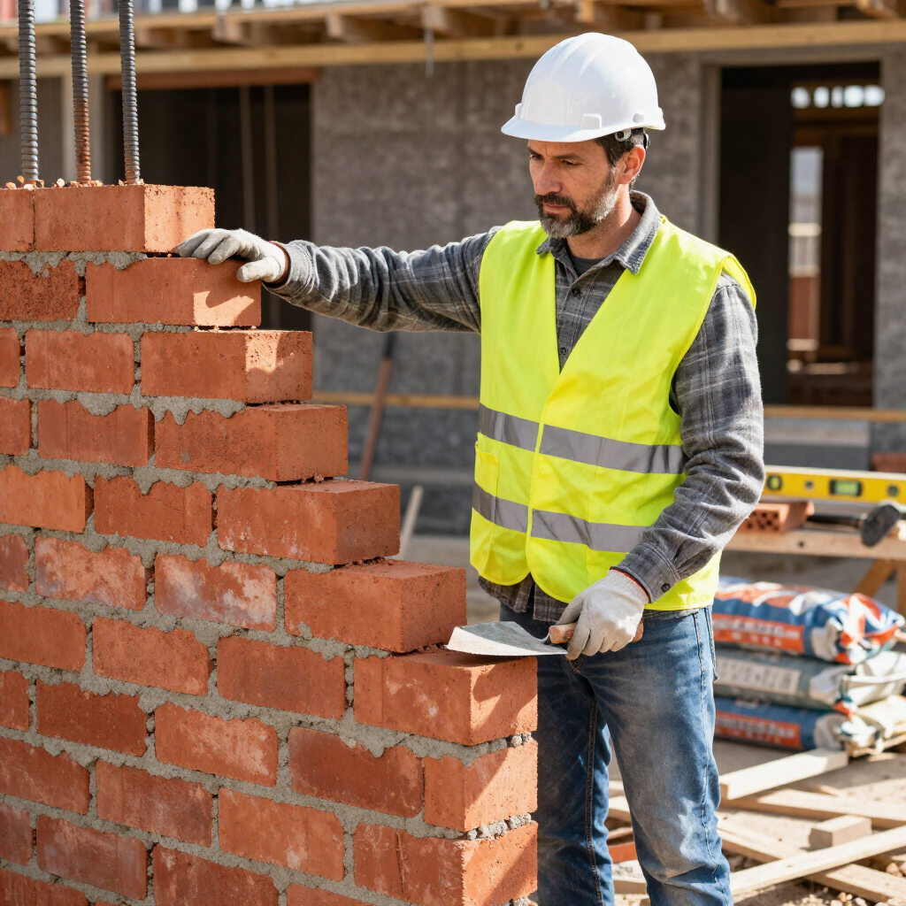“Mason smoothing mortar along red brick courses for a clean wall finish by a masonry contractor in High Point, NC”