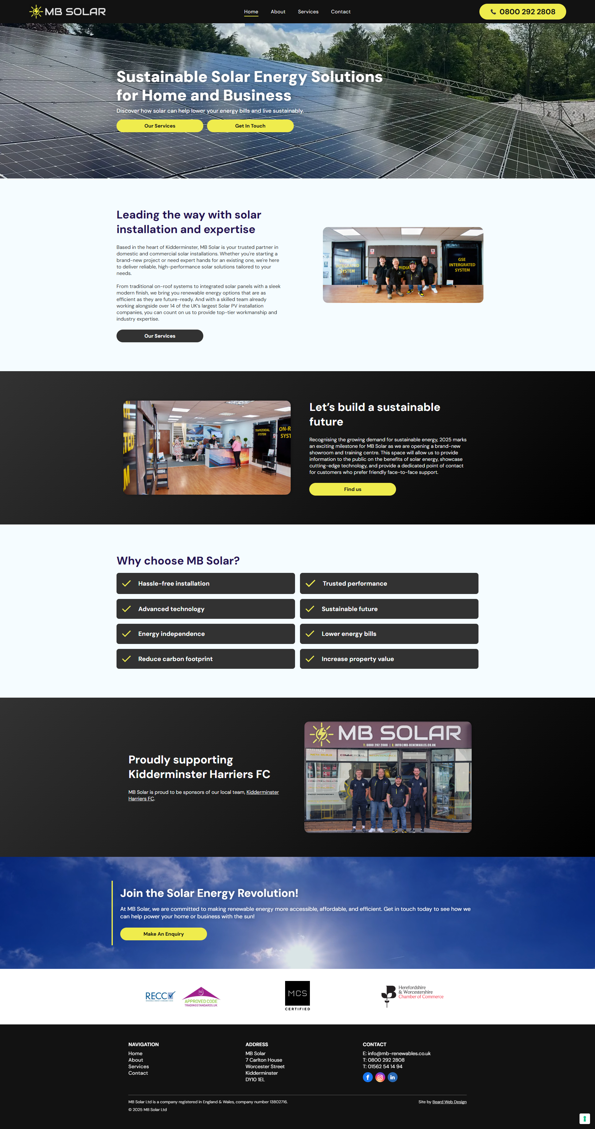 Screenshot of MB Solar website front page.