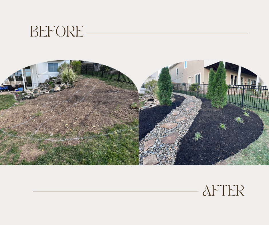 Before and after yard transformation. Left: overgrown, dirt patch. Right: stone path, mulched beds, neatly planted shrubs.