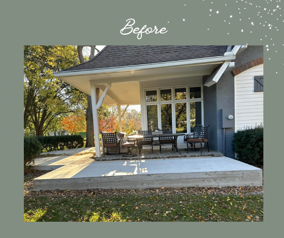 Before photo of a house porch with gray siding, concrete patio, and trees in the background.