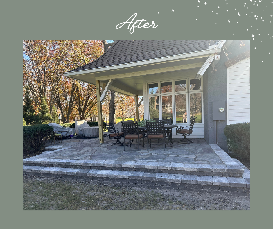 Stone patio with steps and covered seating area next to a house with a gray exterior.