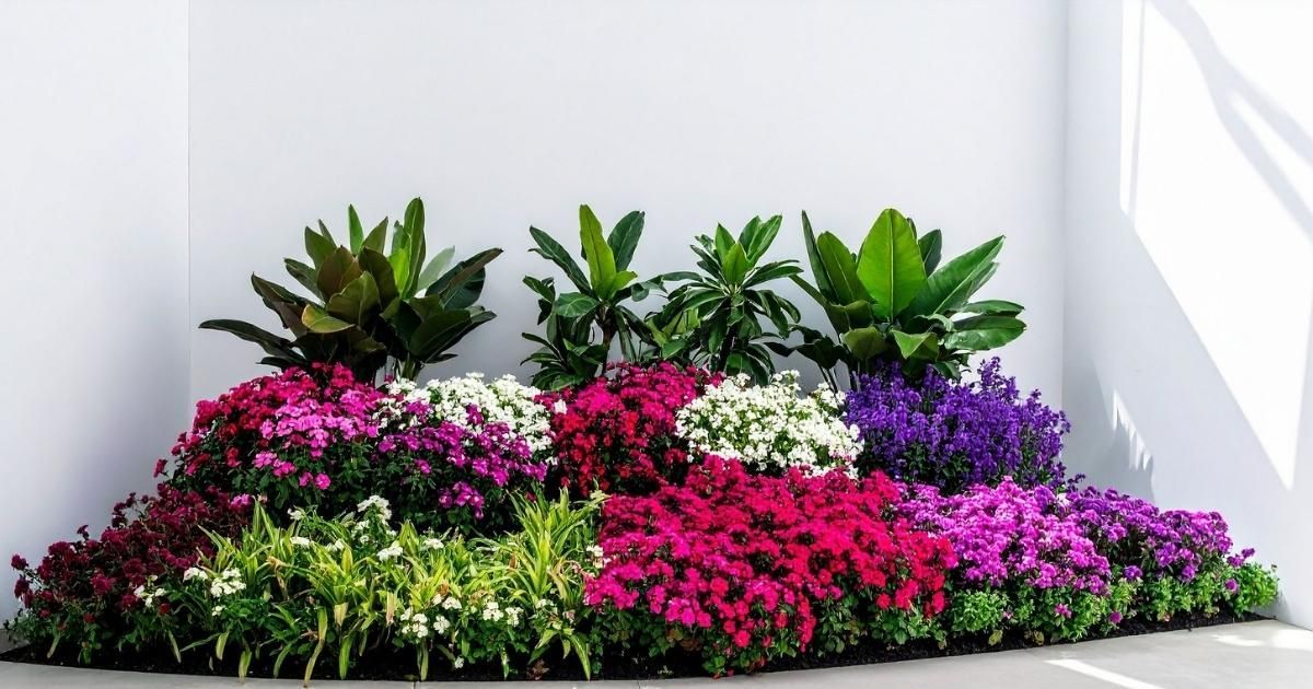Colorful flower bed display with varying heights and textures against a white wall.