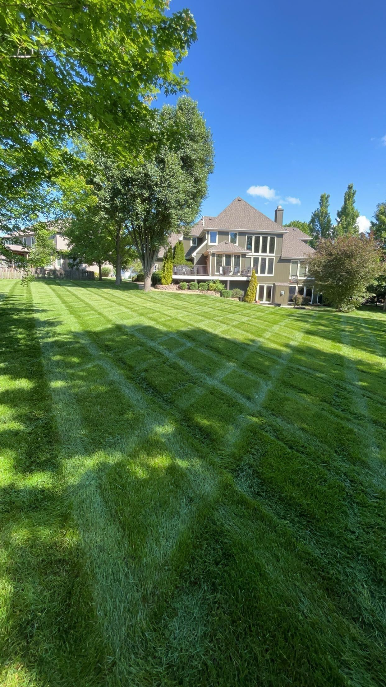 Lawn mowed with alternating light and dark green stripes in front of a multi-story house on a sunny day.