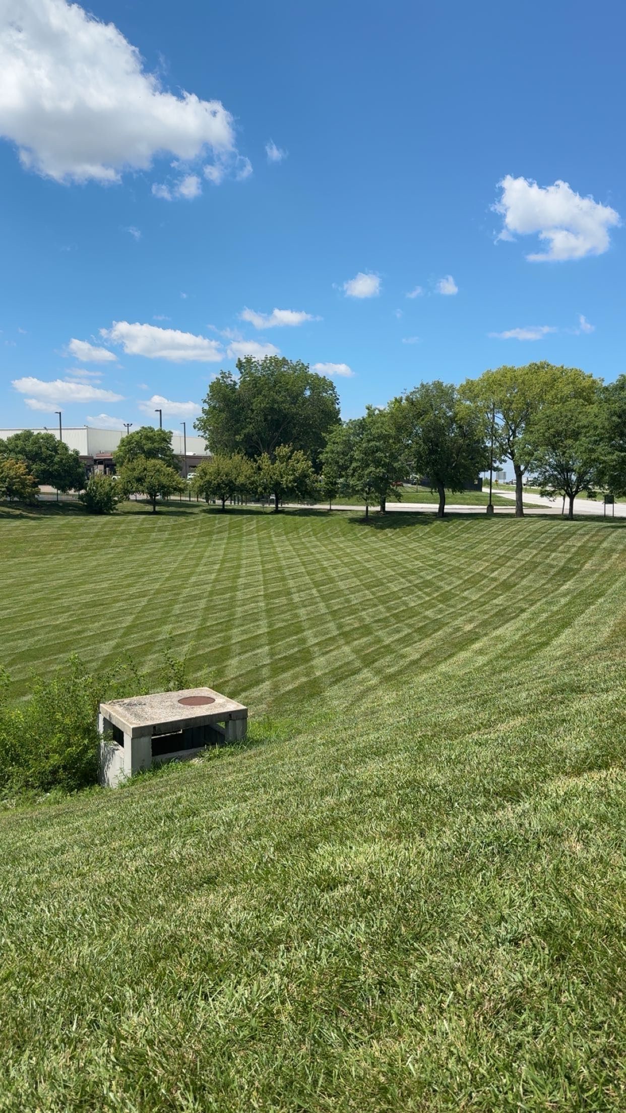 Grassy hill with a concrete structure, trees, and blue sky with clouds.