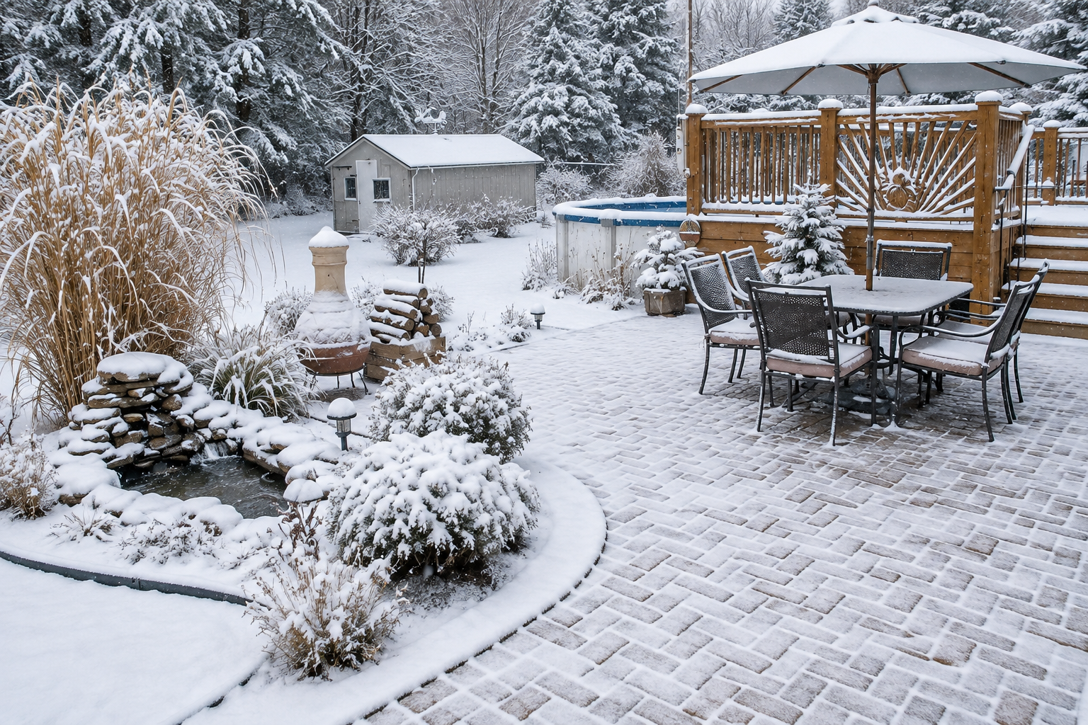 Snow-covered backyard patio with table, chairs, gazebo, and garden plants.