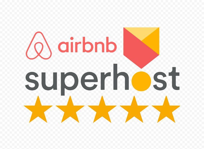 Airbnb Superhost badge with logo and five gold stars.