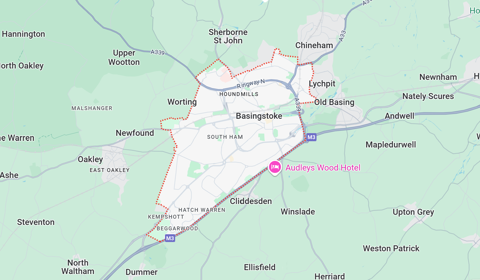 A map of a city with a pink circle in the middle.