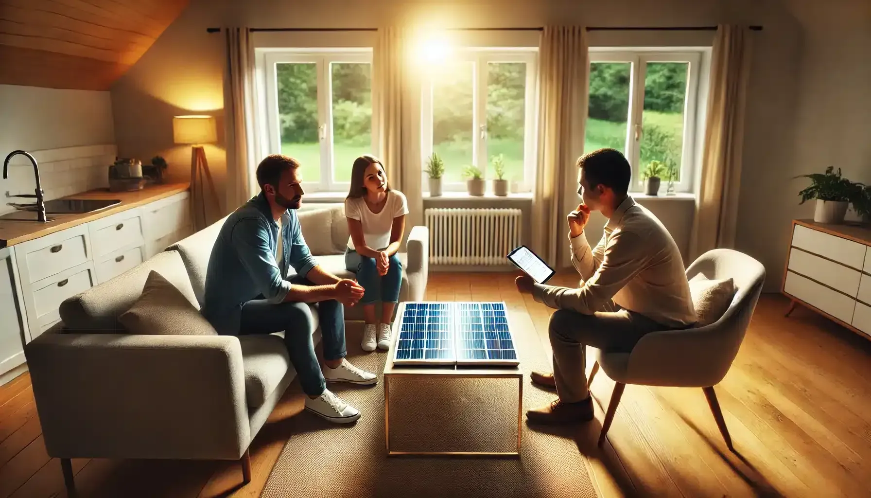 A man is sitting in a living room talking to a couple.