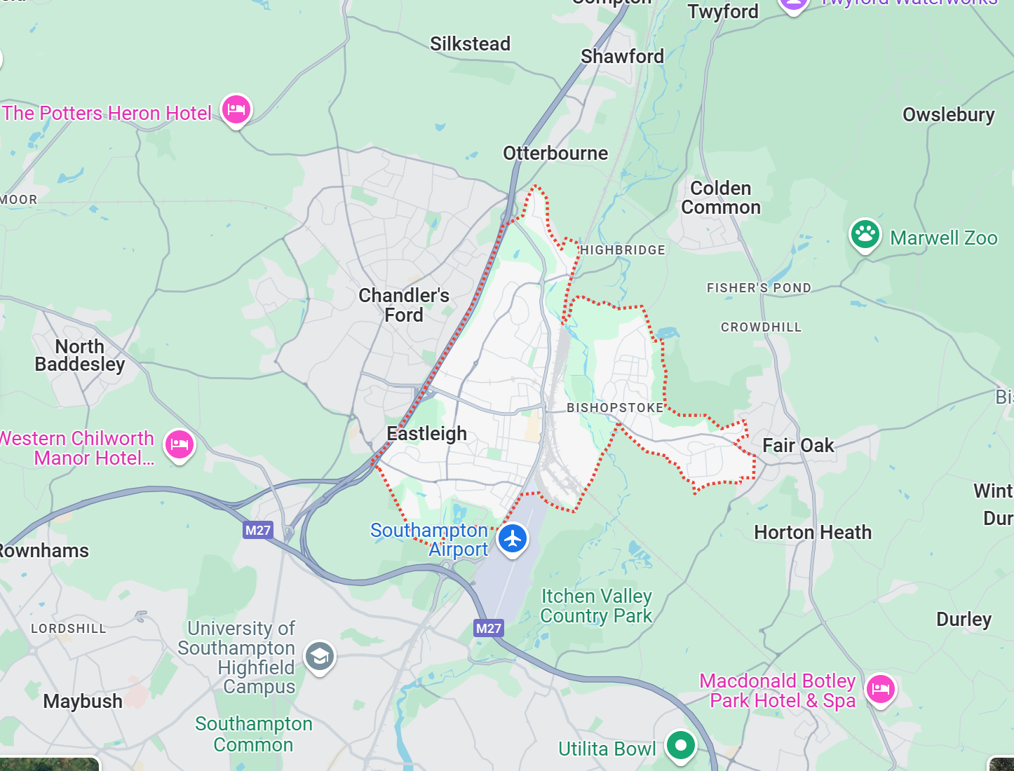 A map showing the location of a city and surrounding areas.