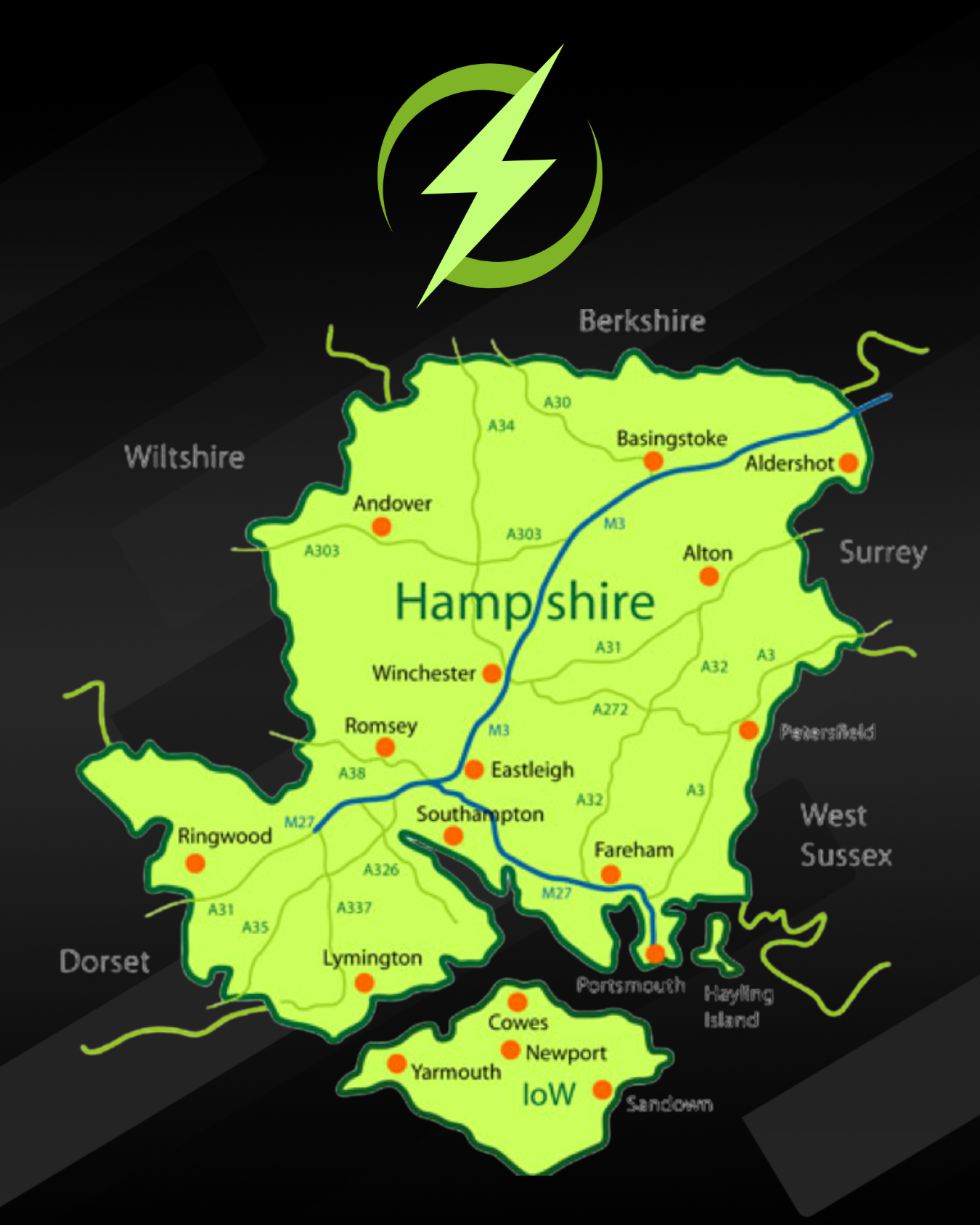 A map of hampshire with a lightning bolt on it