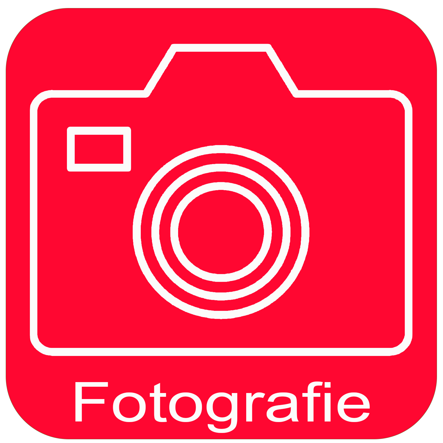 Rood vierkant met een witte omlijning van een camera en het woord