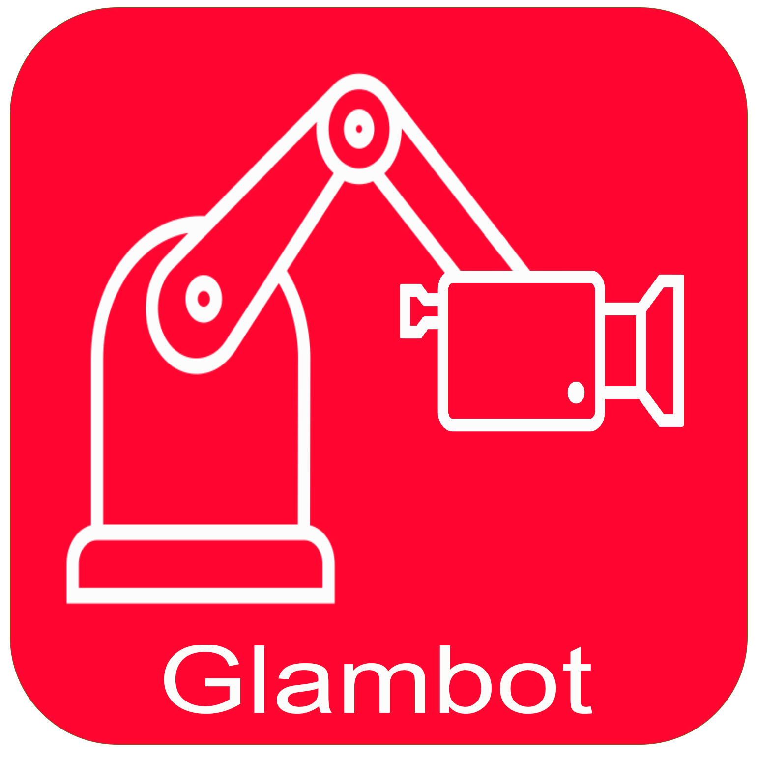 Rood vierkant met een witte omlijning van een robotarm die een camera vasthoudt. Onder de tekst staat