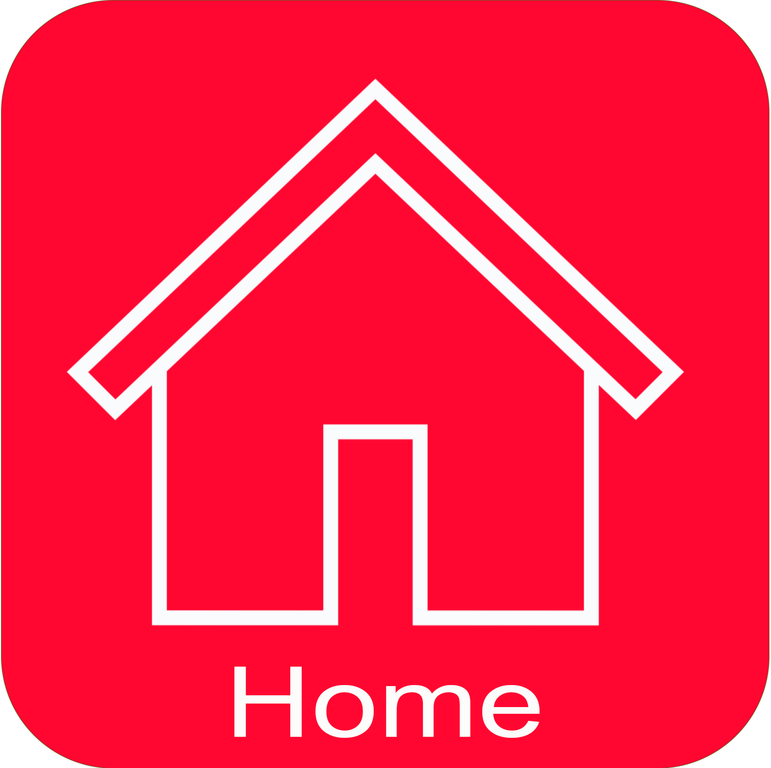Omtrek van een wit huis op een rood vierkant; label