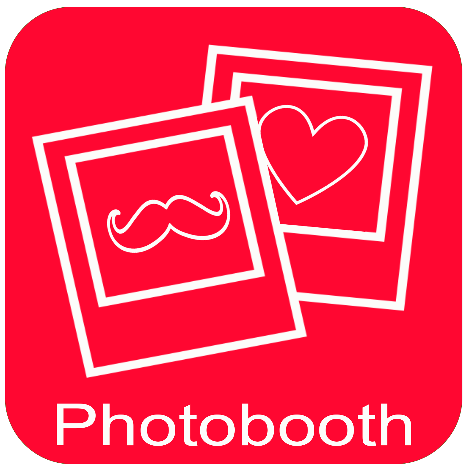 Rood vierkant icoon met witte omlijning van twee overlappende polaroidfoto's: één met een snor, de andere met een hartje; daaronder het woord