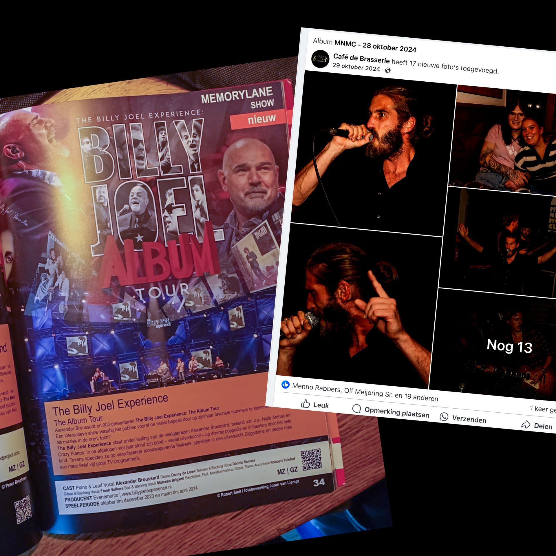Tijdschriftpagina en Facebookbericht. Man die op het podium zingt, concertposter met andere artiesten.