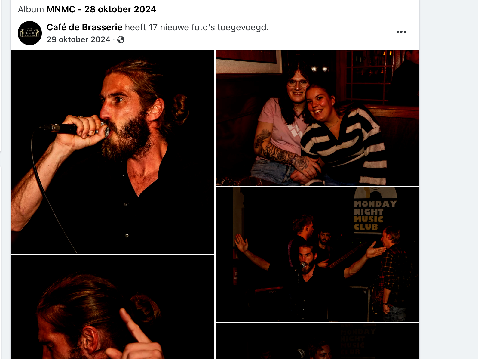 Een man treedt op het podium op, andere foto's tonen mensen in een club.