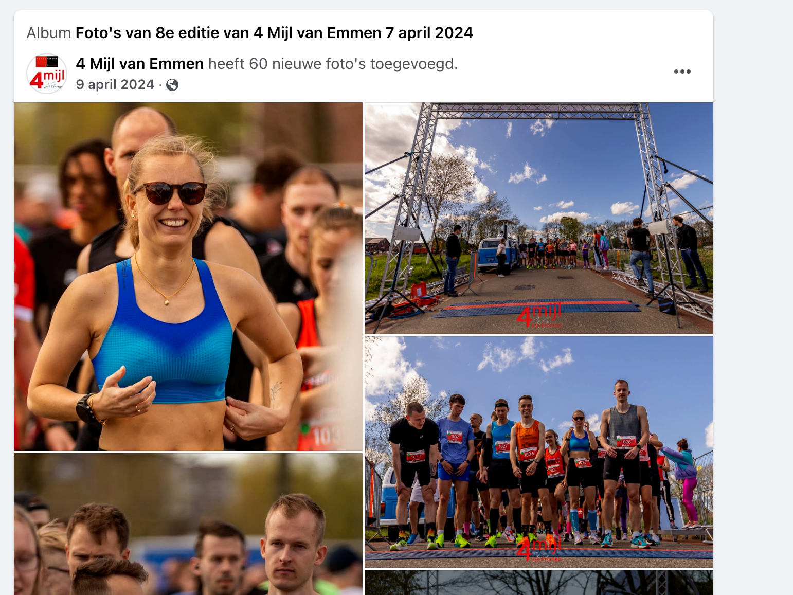 Foto's van de 4 Mile of Emmen-race op 7 april 2024. Hardlopers aan de startlijn en tijdens het evenement.