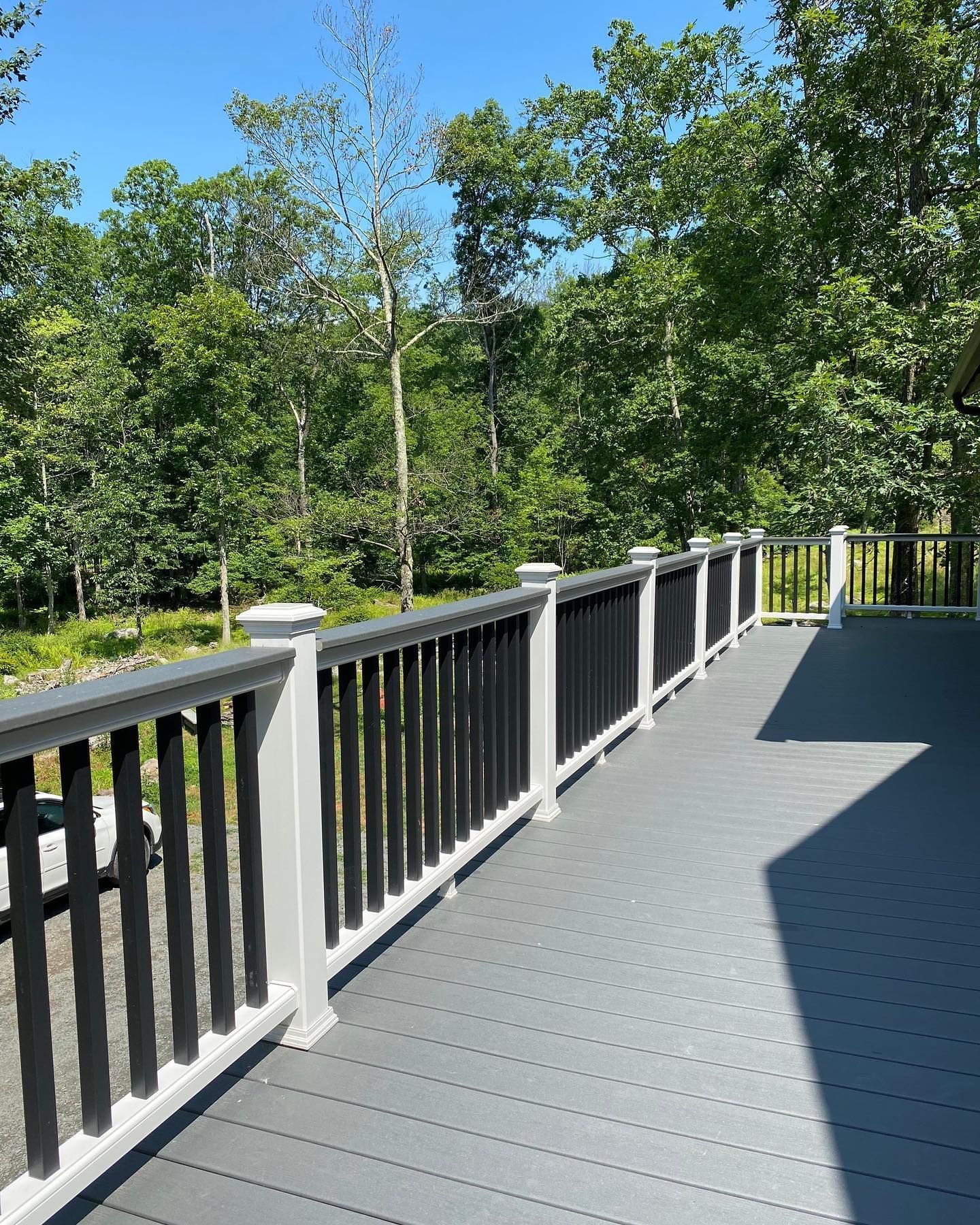 A deck with a black and white railing and trees in the background.