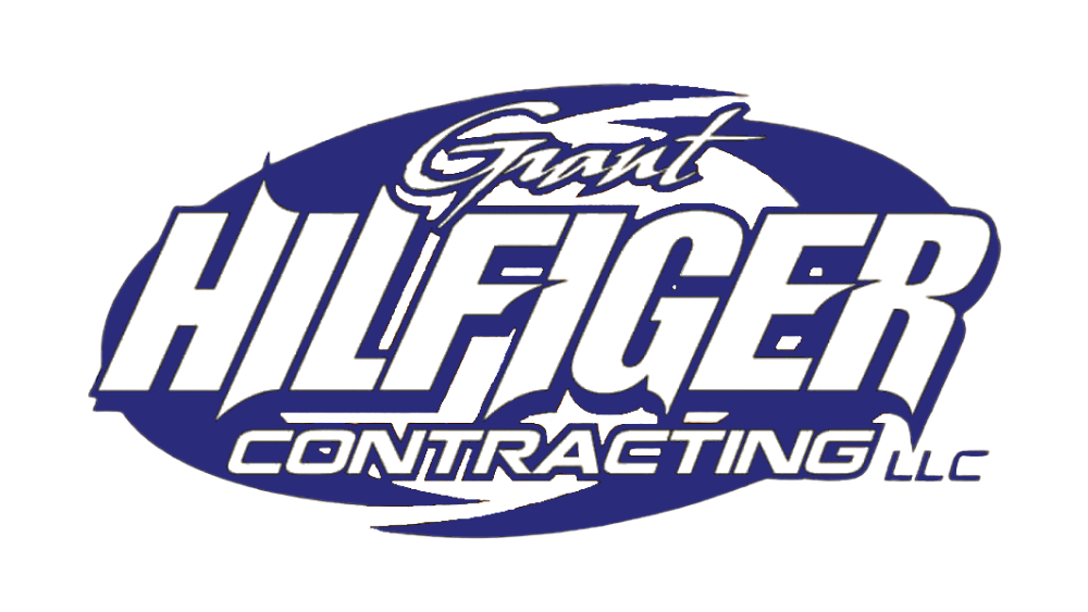 A blue and white logo for grant hilfiger contracting llc