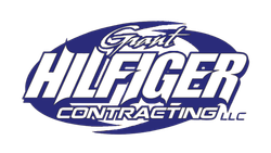 A blue and white logo for grant hilfiger contracting llc