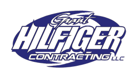 A blue and white logo for grant hilfiger contracting llc