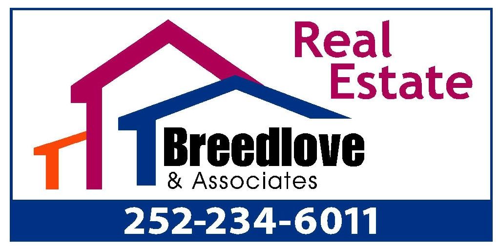 Real estate logo with house shapes and "Breedlove & Associates" with phone number.