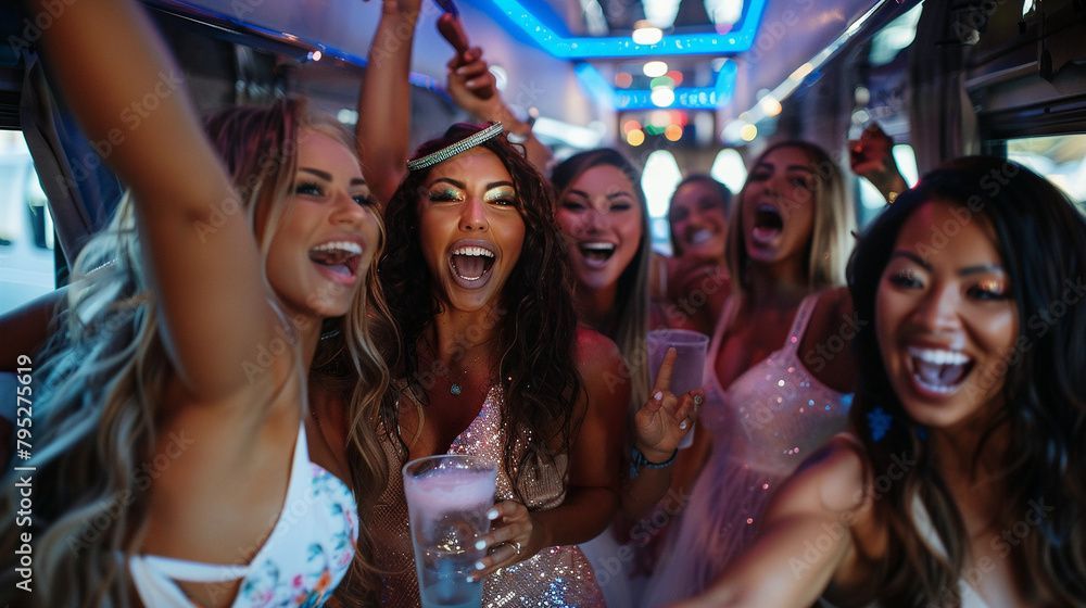 A group of people laughing and posing in a dimly lit, blue-accented party bus, holding drinks and celebrating.