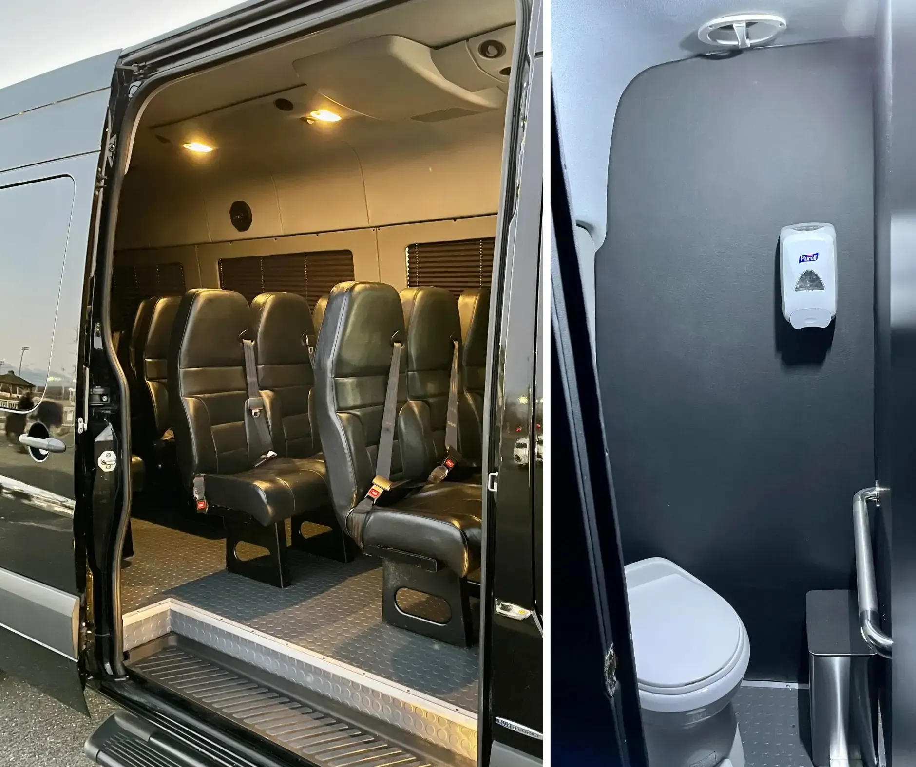 Split view: A van interior with rows of black seats and a separate small restroom with a toilet and soap dispenser.
